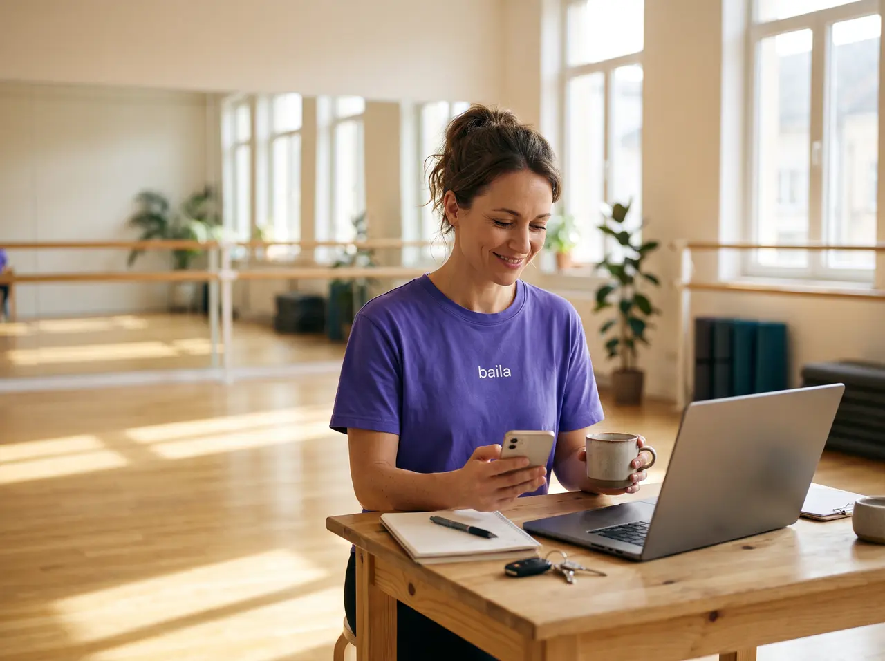 Eigenaar van een dansschool in een paars Baila-shirt aan een houten tafel in haar zonnige studio, met laptop, telefoon en een kop koffie